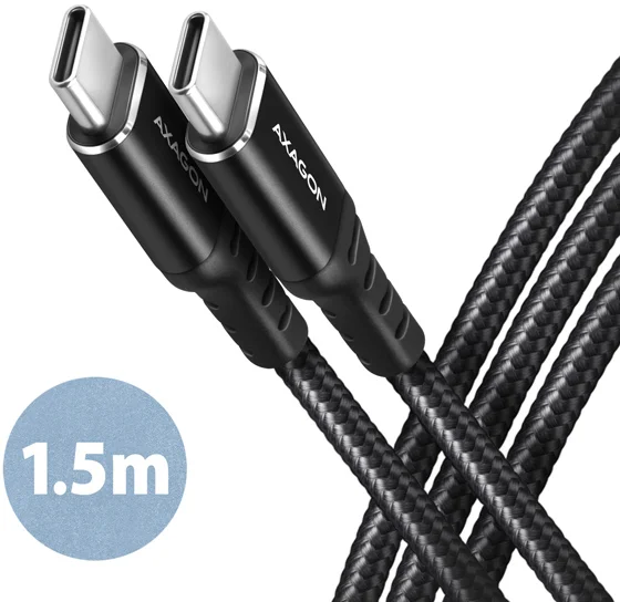AXAGON BUCM-CM15AB, HQ kabel USB-C <-> USB-C, 1.5m, USB 2.0, PD 60W 3A, ALU, oplet, černý