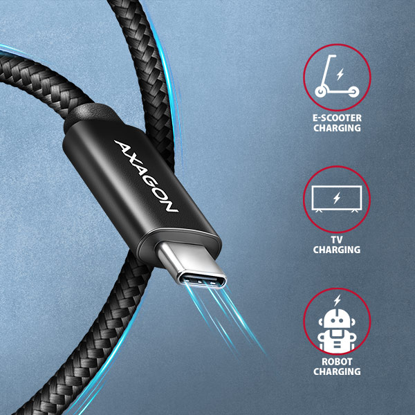 AXAGON BUCM2-CM10AB, CHARGE kabel USB-C <-> USB-C, 1m, Hi-Speed USB, PD 240W 5A, ALU, oplet, černý