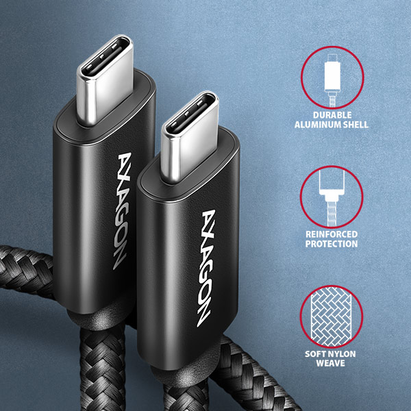 AXAGON BUCM2-CM15AB, CHARGE kábel USB-C <-> USB-C, 1,5 m, Hi-Speed USB, PD 240W 5A, ALU, opletenie, čierny