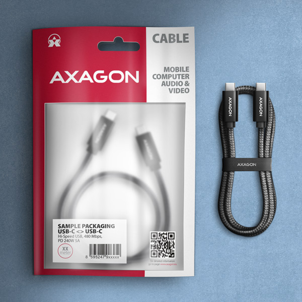 AXAGON BUCM2-CM15AB, CHARGE kábel USB-C <-> USB-C, 1,5 m, Hi-Speed USB, PD 240W 5A, ALU, opletenie, čierny