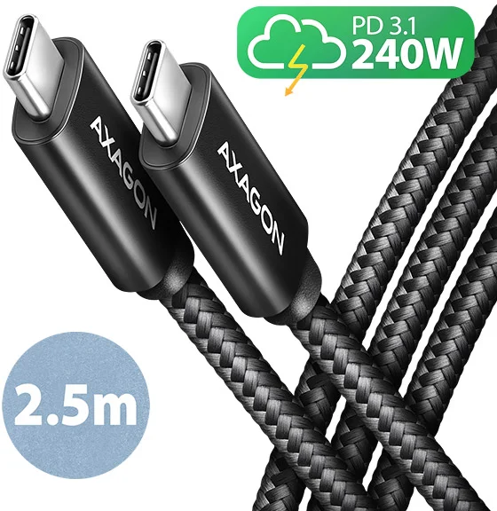 AXAGON BUCM2-CM25AB, CHARGE kabel USB-C <-> USB-C, 2.5m, Hi-Speed USB, PD 240W 5A, ALU, oplet, černý