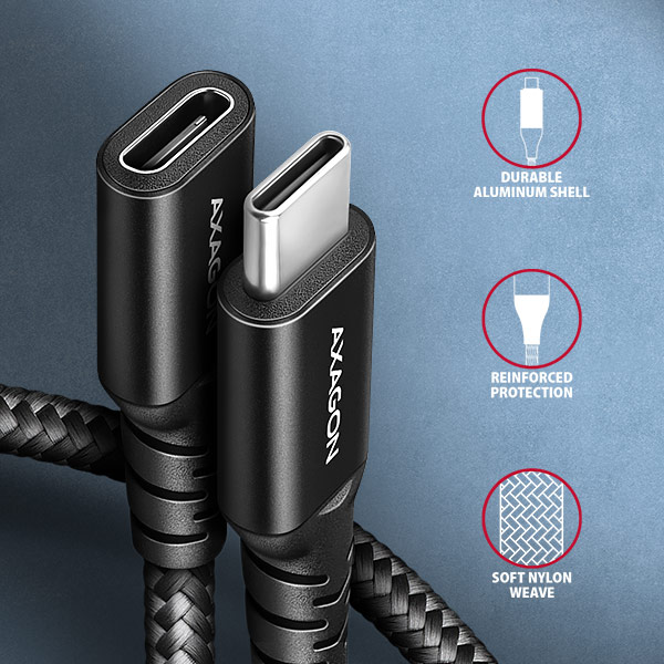 AXAGON BUCM32-CF10AB predlžovací kábel USB-C (M) <-> USB-C (F), 1m, USB 20Gbps, PD 240W, ALU, opletenie