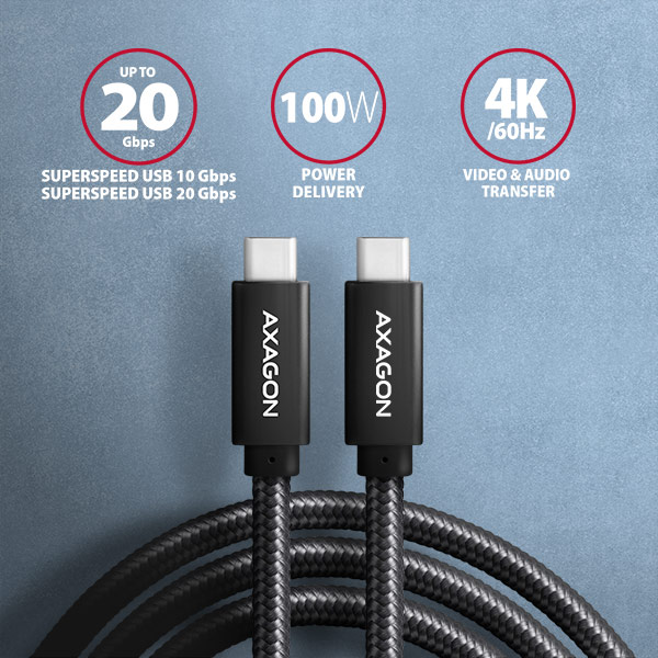AXAGON BUCM32-CM05AB, SPEED+ kábel USB-C <-> USB-C, 0,5 m, USB 20Gbps, PD 100W 5A, 4K HD, ALU, opletenie