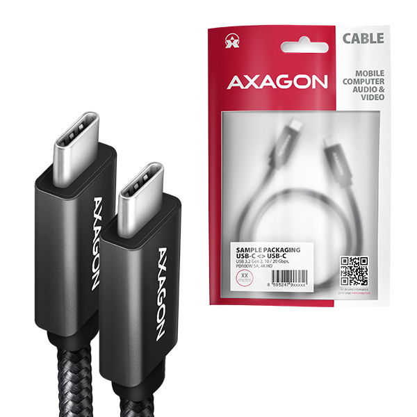 AXAGON BUCM32-CM05AB, SPEED+ kábel USB-C <-> USB-C, 0,5 m, USB 20Gbps, PD 100W 5A, 4K HD, ALU, opletenie