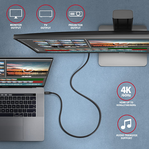 AXAGON BUCM32-CM15AB, kábel SPEED+ USB-C <-> USB-C, 1,5 m, USB 20 Gbps, PD 100 W 5 A, 4K HD, hliník, opletenie
