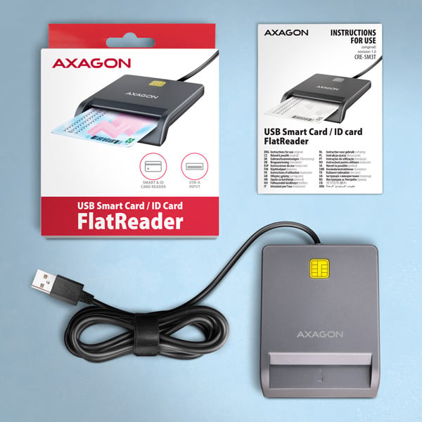 AXAGON CRE-SM3T, USB-A FlatReader kontaktná čítačka kariet Smart card (eObčanka), kábel 1,3 m