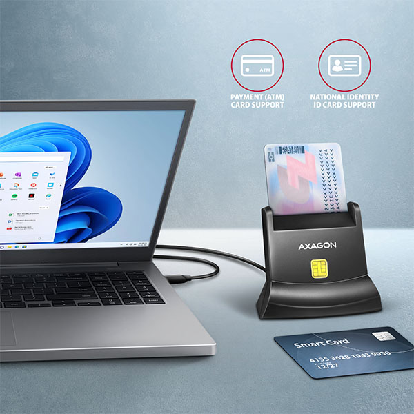 AXAGON CRE-SM4NC, čítačka kontaktných kariet Smart Card (eObčanka) s rozhraním USB-C, stojanová, kábel 1,2 m