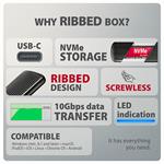 AXAGON EEM2-SC, externý box USB-C 10 Gb/s pre M.2 NVMe SSD, bez skrutiek, rebrovaný hliník