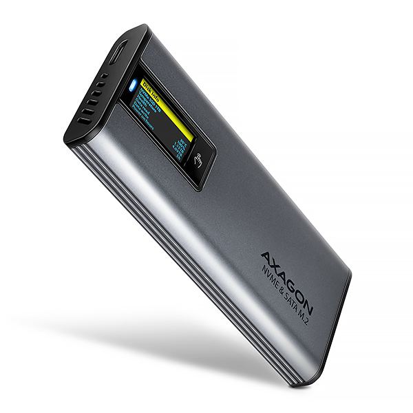 AXAGON EEM2-SD2 USB-C 10Gb/s - M.2 NVMe a SATA SSD kovový box DISPLAY, bez skrutiek