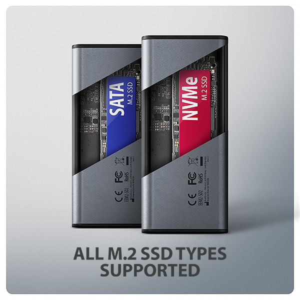 AXAGON EEM2-SD2 USB-C 10Gbps - M.2 NVMe & SATA SSD kovový DISPLAY box, bezšroubkový