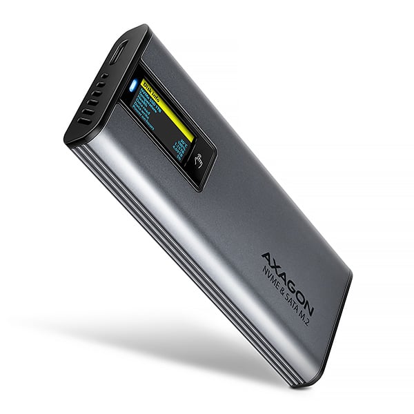 AXAGON EEM2-SD2 USB-C 10Gbps - M.2 NVMe & SATA SSD kovový DISPLAY box, bezšroubkový