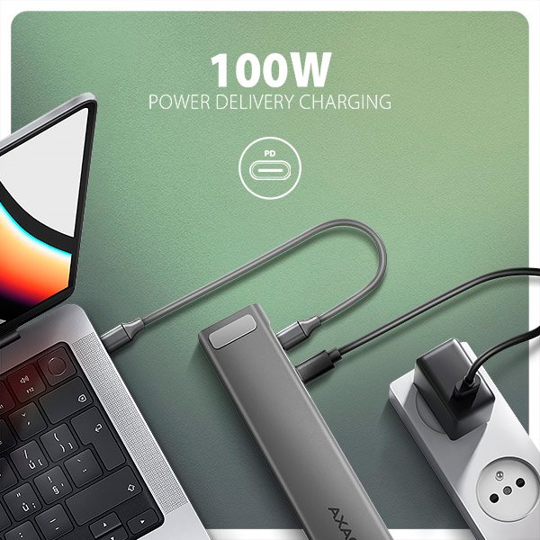 AXAGON HMC-10HLS, rozbočovač USB 5Gb/s, 4x USB-A, HDMI 4k/60Hz, RJ-45 GLAN, SD/mSD, PD 100W
