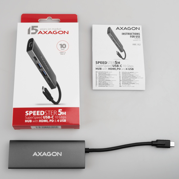 AXAGON HMC-5G21, rozbočovač USB 10 Gb/s, 2x USB-A, 2x USB-C, HDMI 4k/30, PD 60W, kábel USB-C 13 cm
