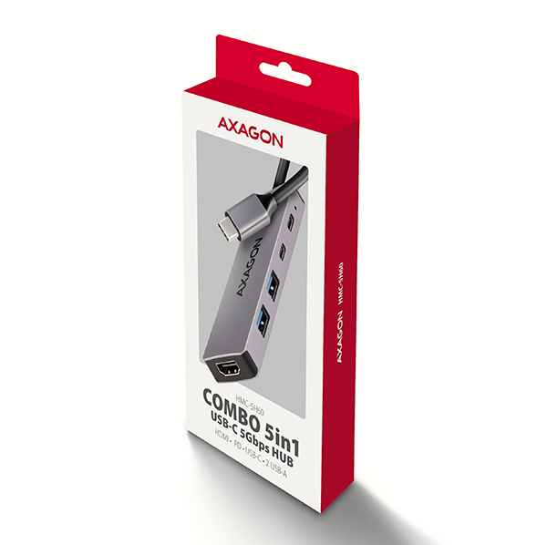 AXAGON HMC-5H60, rozbočovač USB 5Gb/s, porty 2x USB-A, 1x USB-C, HDMI 4k/60, PD 100W, kábel USB-C 15cm