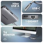 AXAGON HMC-5HL USB 5Gbps hub, 2x USB-A, HDMI 4k/60Hz, RJ-45 GLAN, PD 100W, USB-C kábel 20cm