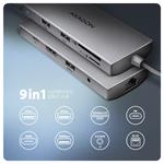 AXAGON HMC-8HLSA, rozbočovač USB 5Gb/s, 3x USB-A, HDMI 4k/60Hz, RJ-45 GLAN, SD/microSD, audio, PD 100W