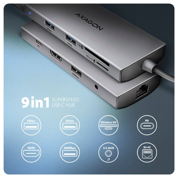 AXAGON HMC-8HLSA, USB 5Gbps hub, 3x USB-A, HDMI 4k/60Hz, RJ-45 GLAN, SD/microSD, audio, PD 100W