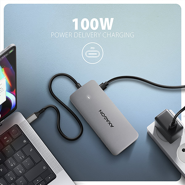 AXAGON HMC-CUB83X2, rozbočovač USB 10Gb/s, 2x USB-A, USB-C, HDMI a DP 4k/144Hz, RJ-45 GLAN, PD 100W, kábel USB-C 15cm