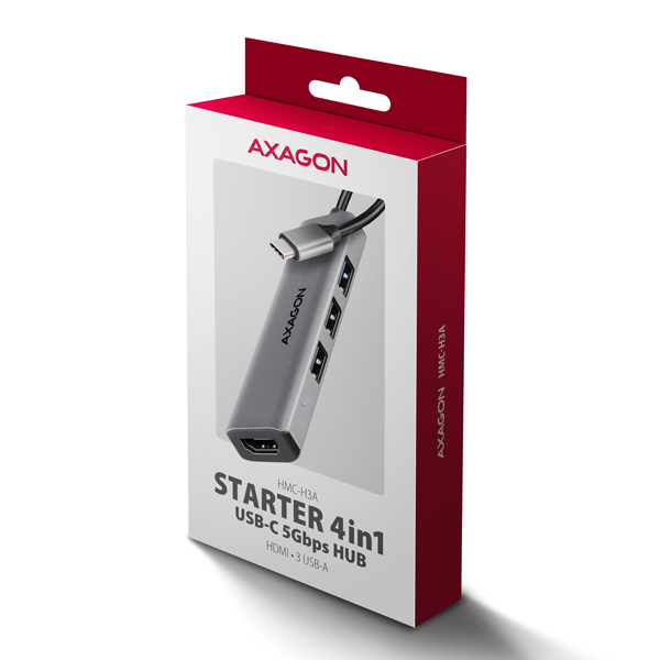 AXAGON HMC-H3A, rozbočovač USB 5 Gb/s, 3x USB-A, HDMI 4k/30Hz, kábel USB-C 15 cm
