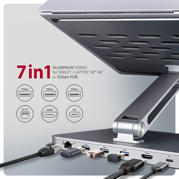 AXAGON HMC-STND, stojan pro 10"-17" notebooky, USB 5Gbps hub, 3x USB-A, HDMI 4k/60Hz, RJ-45, PD 100W, kabel USB-C 60cm