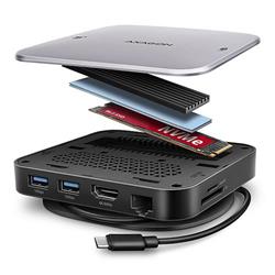 AXAGON HMC-UFO, rozbočovač USB 10 Gb/s, 2x USB-A, USB-C, HDMI 4k/60, RJ-45, slot M.2, SD/mSD, audio, PD