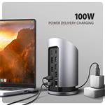 AXAGON HMC-WL9, USB 10Gbps hub s Qi, 3x USB-A, USB-C, HDMI a DP 4k/60Hz, RJ-45 GLAN, PD 100W, USB-C kábel 60cm