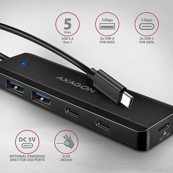AXAGON HUE-C2C, cestovný rozbočovač s 4× USB 5 Gbps, 2× USB-A + 2× USB-C, napájanie cez USB-C, kábel USB-C 19 cm