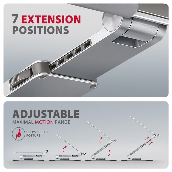 AXAGON STND-LR, hliníkový stojan pro notebooky 10"-17.3" s nastavitelnou výškou, úhlem a 360° rotací, šedý