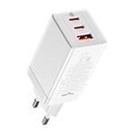 Baseus GaN3 rychlo nabíjecí adaptér 2x USB-C + USB 65W + kabel USB-C do USB-C 1m, bílá