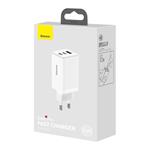 Baseus GaN3 rýchlonabíjací adaptér 2x USB-C na USB-C 65W kábel USB-C na USB-C 100W 1m, biely
