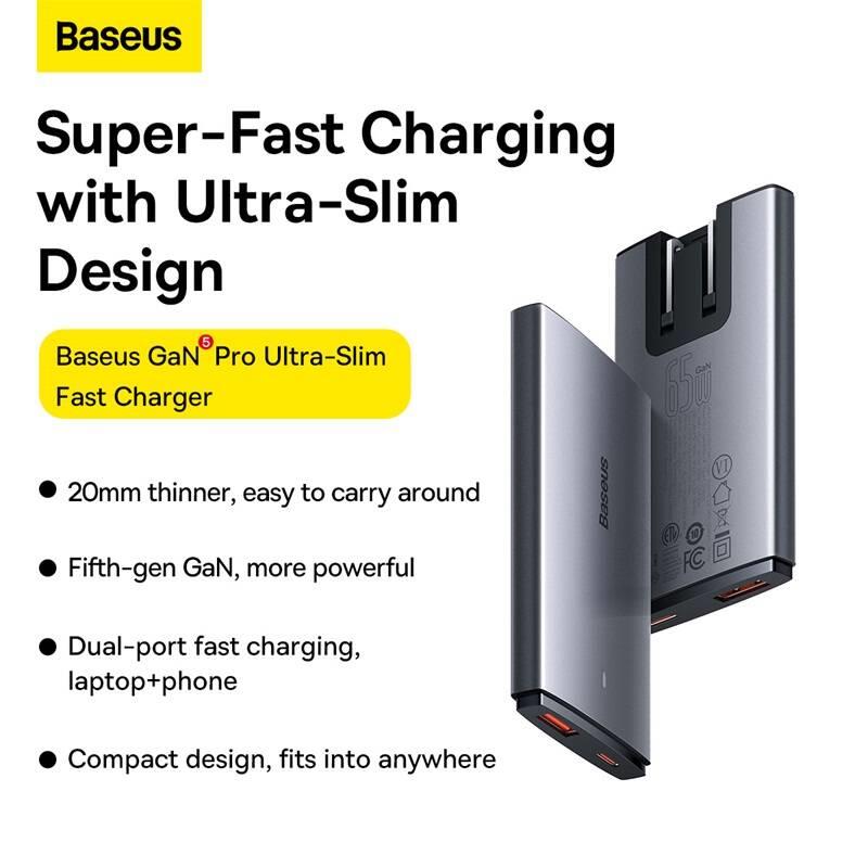Baseus GaN5 Pro Ultra Slim USB-C/USB-A 65 W nabíjačka sivá