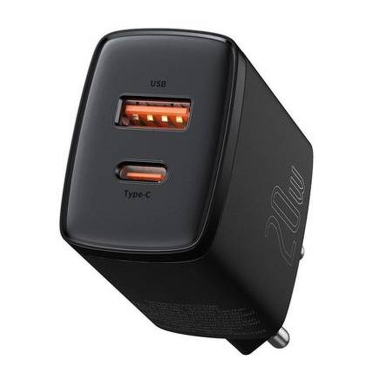 Baseus kompaktní rychlonabíjecí adaptér USB-A + Type-C 20W EU, černá