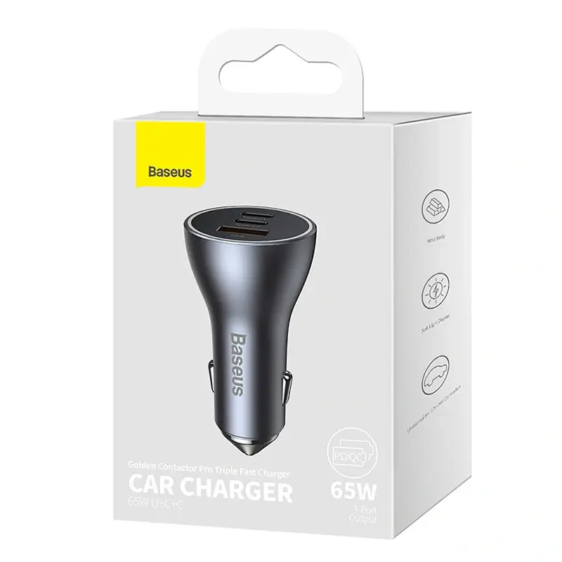 Baseus rychlonabíjecí adaptér do automobilu 2*USB-C + USB-A 65W tmavě šedá