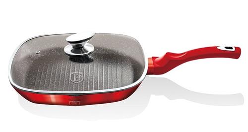 BerlingerHaus Pánev grilovací s mramorovým povrchem a poklicí Burgundy Metallic Line, 28 cm