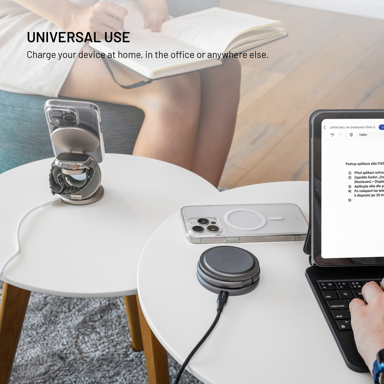 Bezdrôtová nabíjačka 3v1 FIXED MagPowerstation Round s MagSafe, sivá