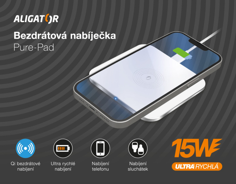 Bezdrôtová nabíjačka Aligator PREMIUM 15W, biela