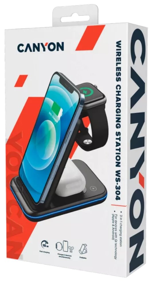 Bezdrôtová nabíjačka CANYON WS-304 IP, QC18W, 3v1, vstup 9V/2A, výstup 12V/1,5A, 15W/10W/7,5W/5W, typ C na USB-A, ružová