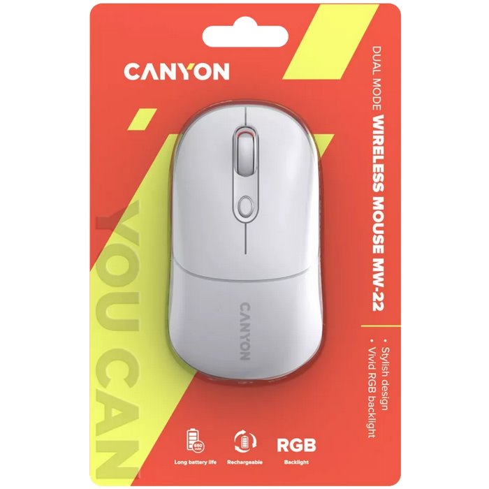 Bezdrôtová optická myš CANYON MW-22, RGB, 800/1200/1600 dpi, 4 tlačidlá, BT + 2,4 GHz, batéria 650 mAh, snehovo biela