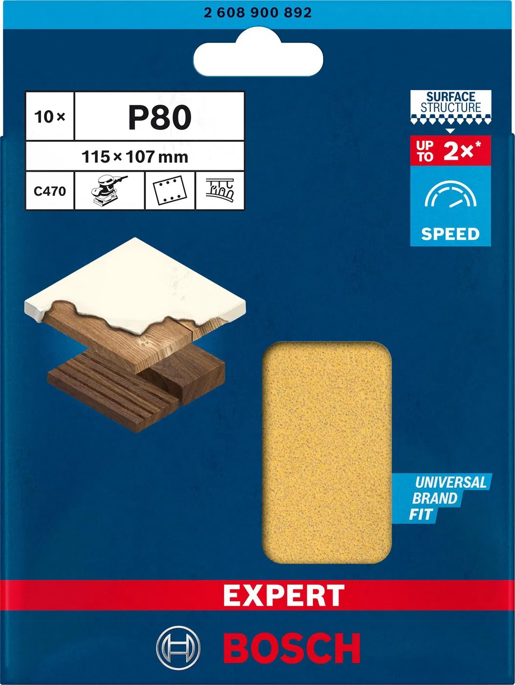 BOSCH Brusný papír EXPERT C470 se 6 otvory pro vibrační brusky 115 × 107 mm, G 80, 10 ks (2.608.900.892)