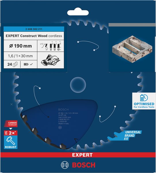 BOSCH Pilový kotouč EXPERT Construct Wood cordless, 190 × 1,6/1 × 30 mm, T24 (2.608.902.211)