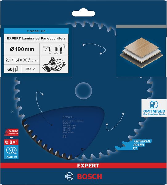 BOSCH Pilový kotouč EXPERT Laminated Panel cordless, 190 × 2,1/1,4 × 30 mm, T60 (2.608.902.128)
