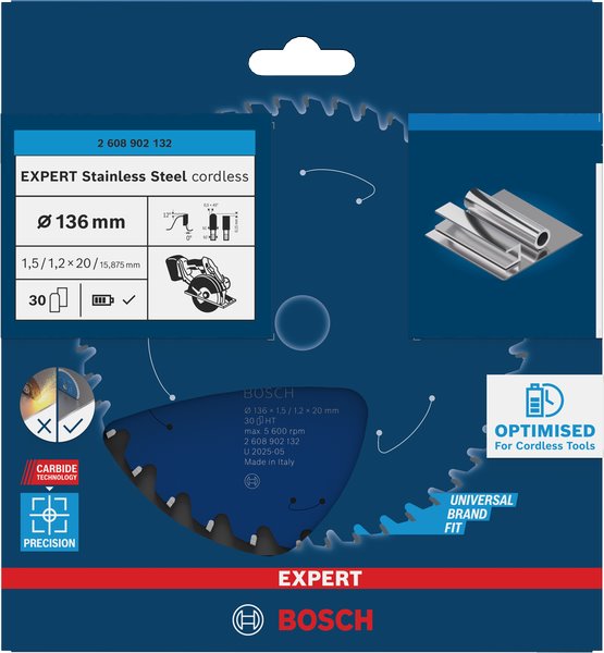 BOSCH Pilový kotouč EXPERT Stainless Steel cordless, 136 × 1,5/1,2 × 20 mm, T30 (2.608.902.132)