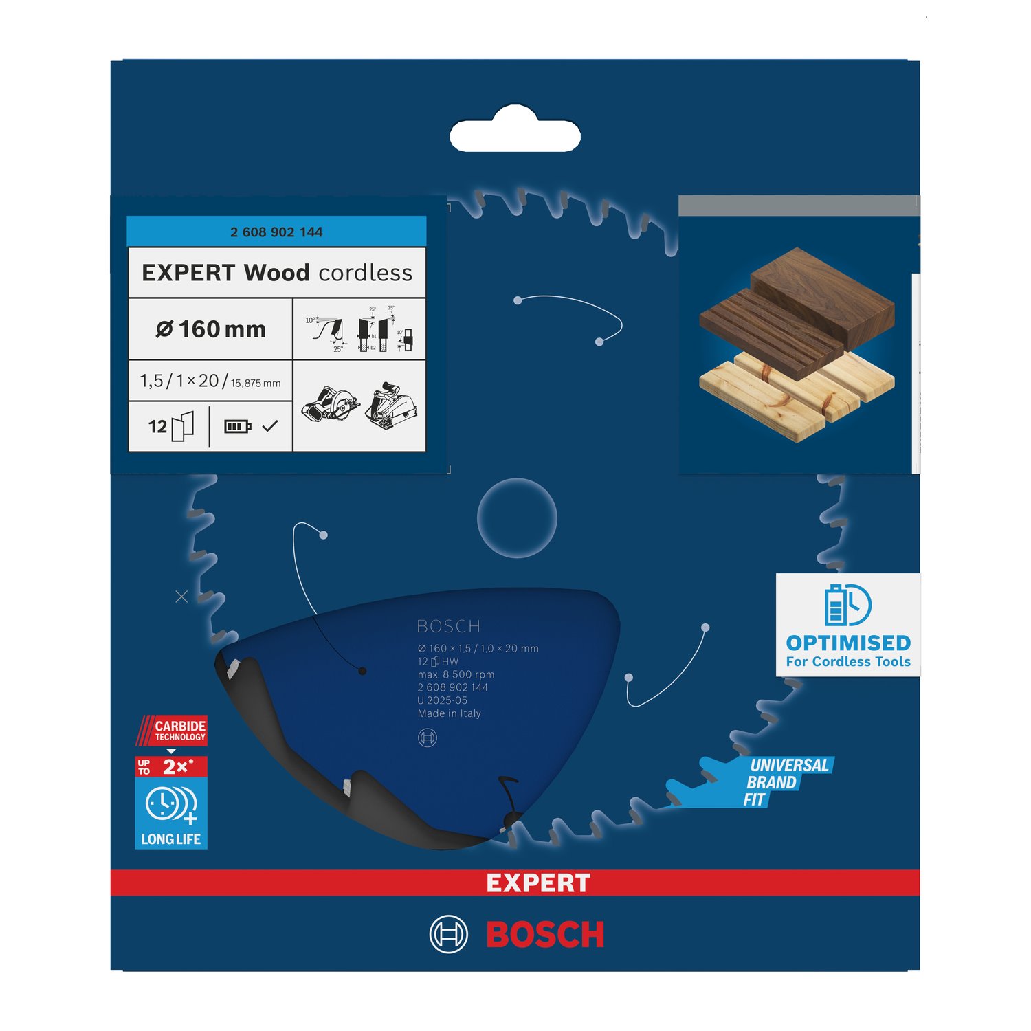 BOSCH Pilový kotouč EXPERT Wood cordless, 160 × 1,5/1 × 20 mm, T12 (2.608.902.144)