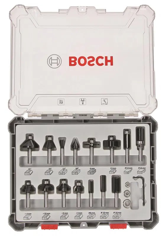 BOSCH Zmiešaná sada tvarových fréz s vretenom O 8 mm, 15 ks (2.607.017.472)