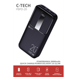 C-tech Powerbanka 20000mAh, Li-Pol, 22,5W, USB-C/USB-A/micro USB