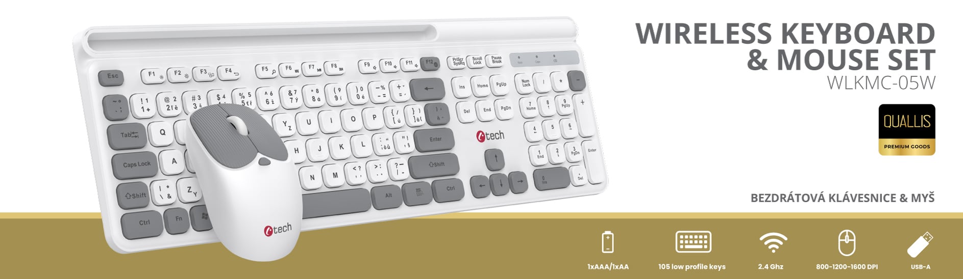 C-TECH Quallis WLKMC-05, bezdrátový combo set s myší, bílá, USB, CZ/SK