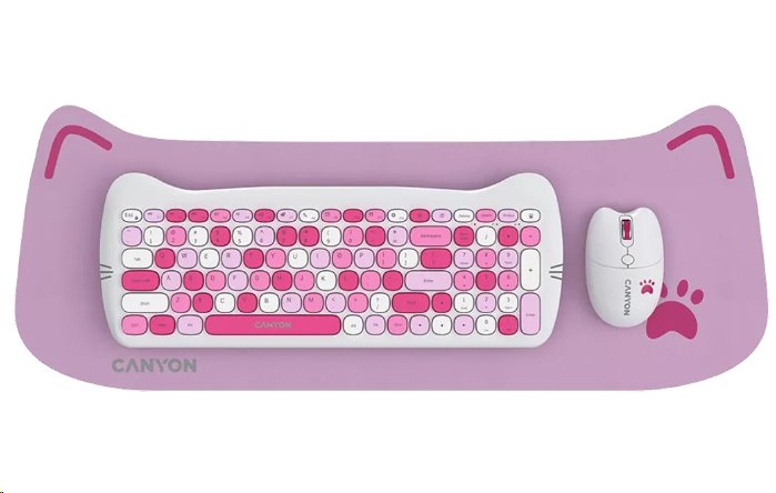 CANYON Kitty edition HSET-W6, bezdrôtová klávesnica SET + optická myš + ochranné puzdro + podložka, ružová