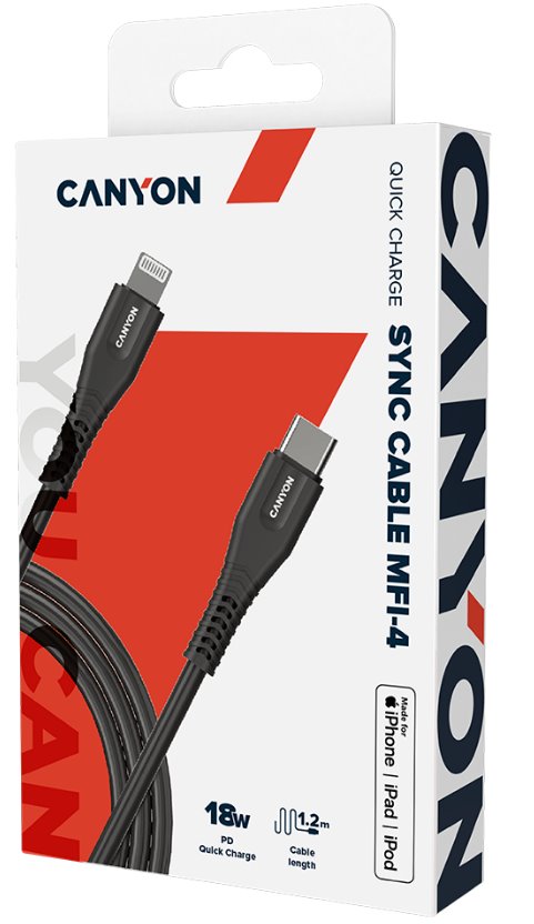 CANYON Lightning nabíjací kábel MFI-4, USB-C Napájanie 18 W, certifikovaný spoločnosťou Apple, dĺžka 1,2 m, čierny