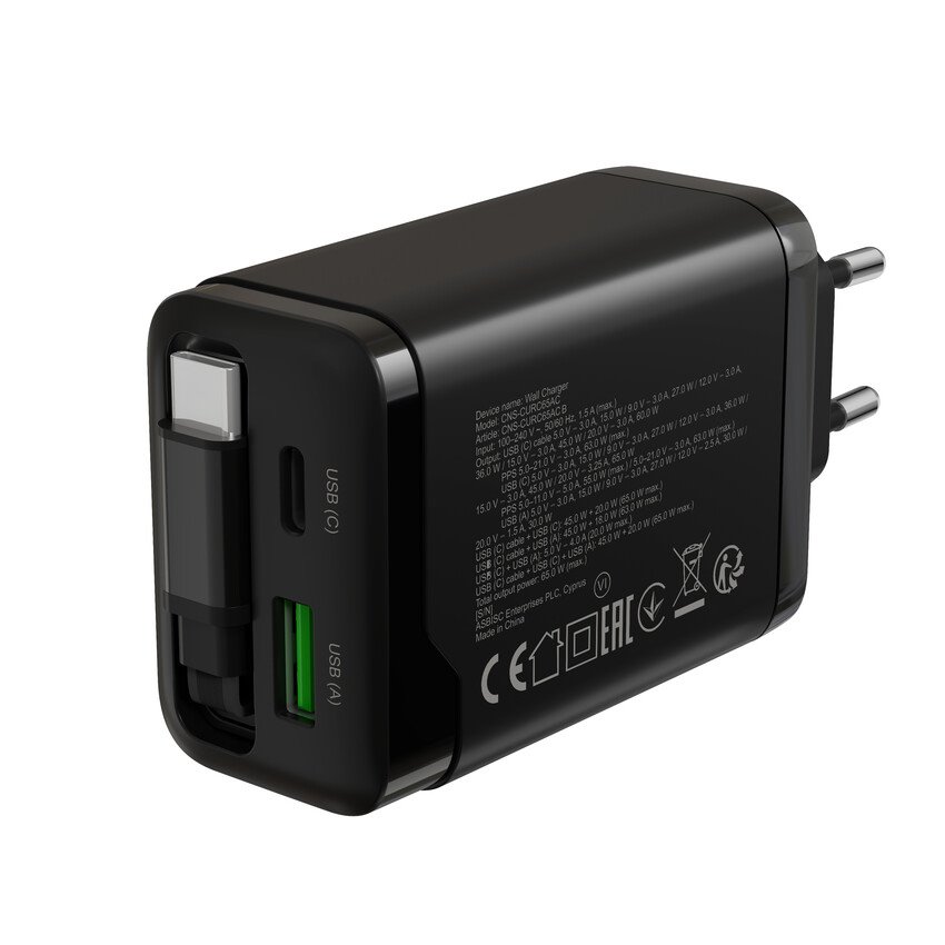 CANYON OnCharge 65RC Build-In Cable USB-C 65W 1xPD 1xQC EU Black nabíječka