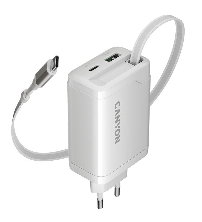 CANYON OnCharge 65RC Zabudovaný kábel USB-C 65W 1xPD 1xQC EU Biela nabíjačka